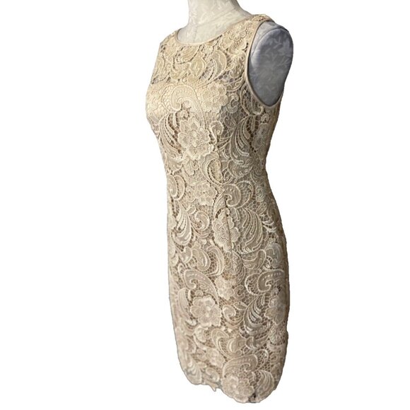Adrianna Papell Dress 8 Matte Gold Lace Wedding Party Cruise Sheath w Bra NEW - Picture 4 of 8